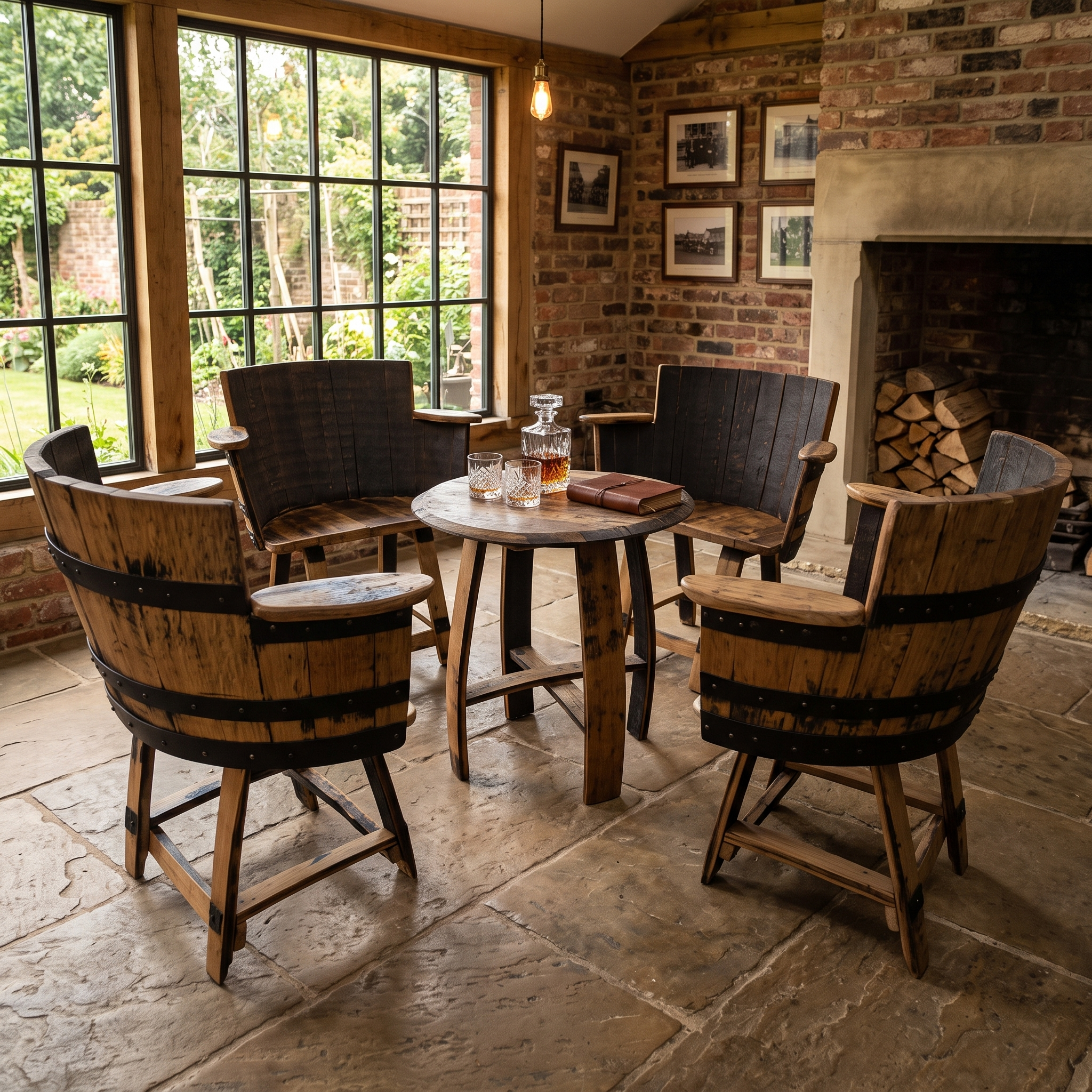 Whiskey Barrel Armchairs & Coffee Table – side view