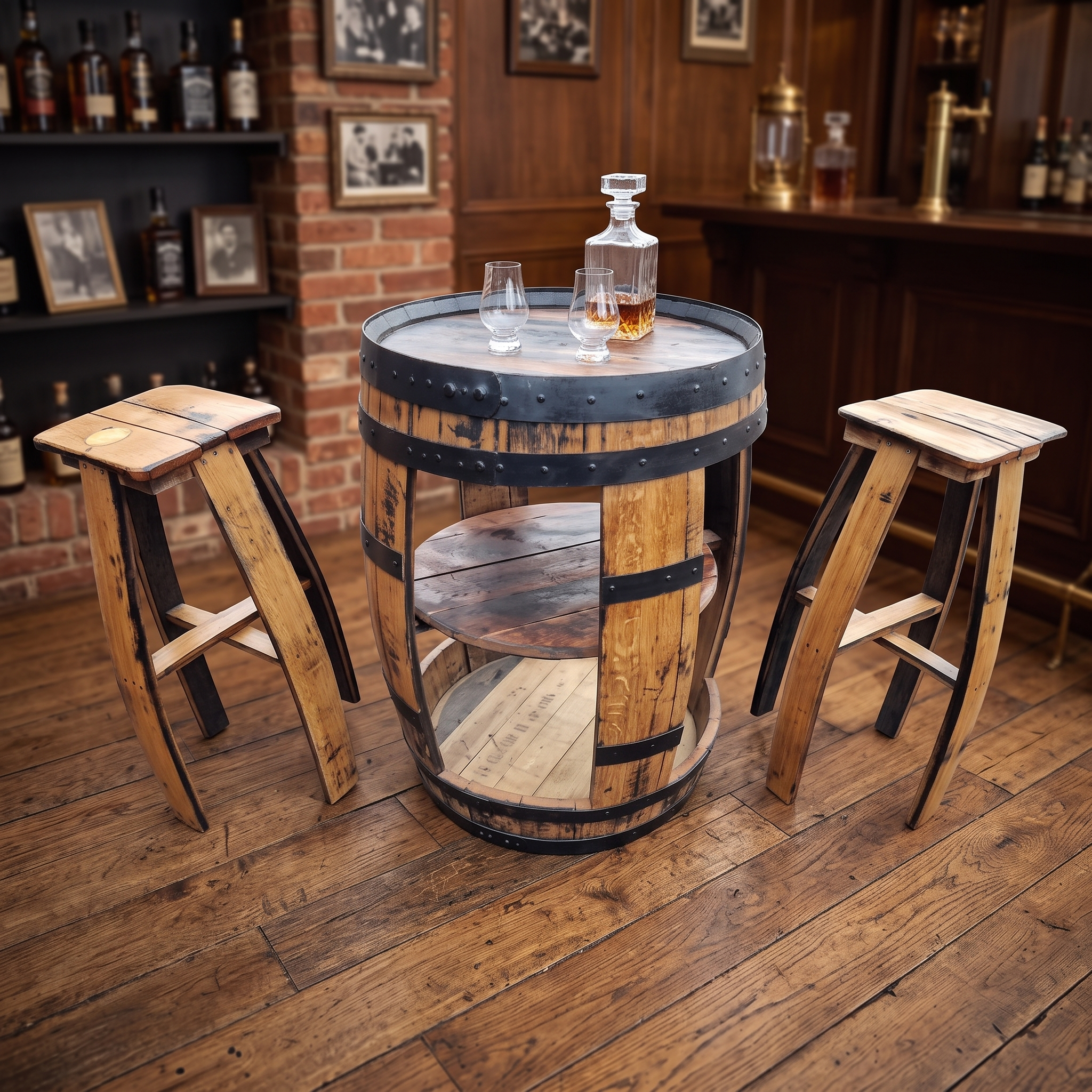 Open Whiskey Barrel & 2 Stools – hero view