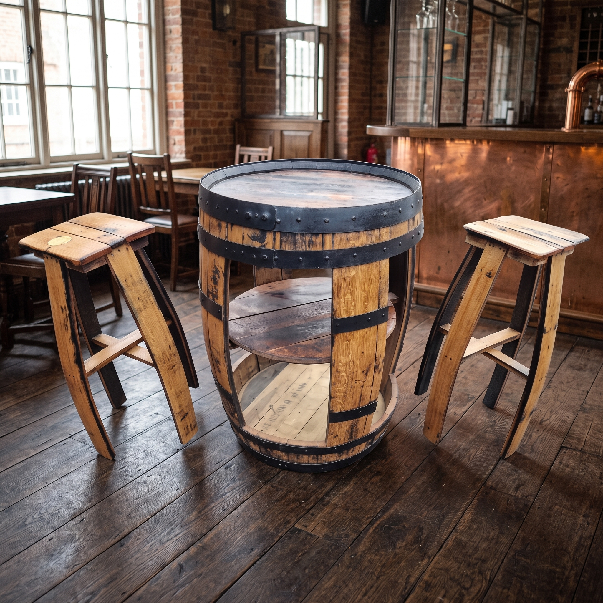 Open Whiskey Barrel & 2 Stools – three-quarter view
