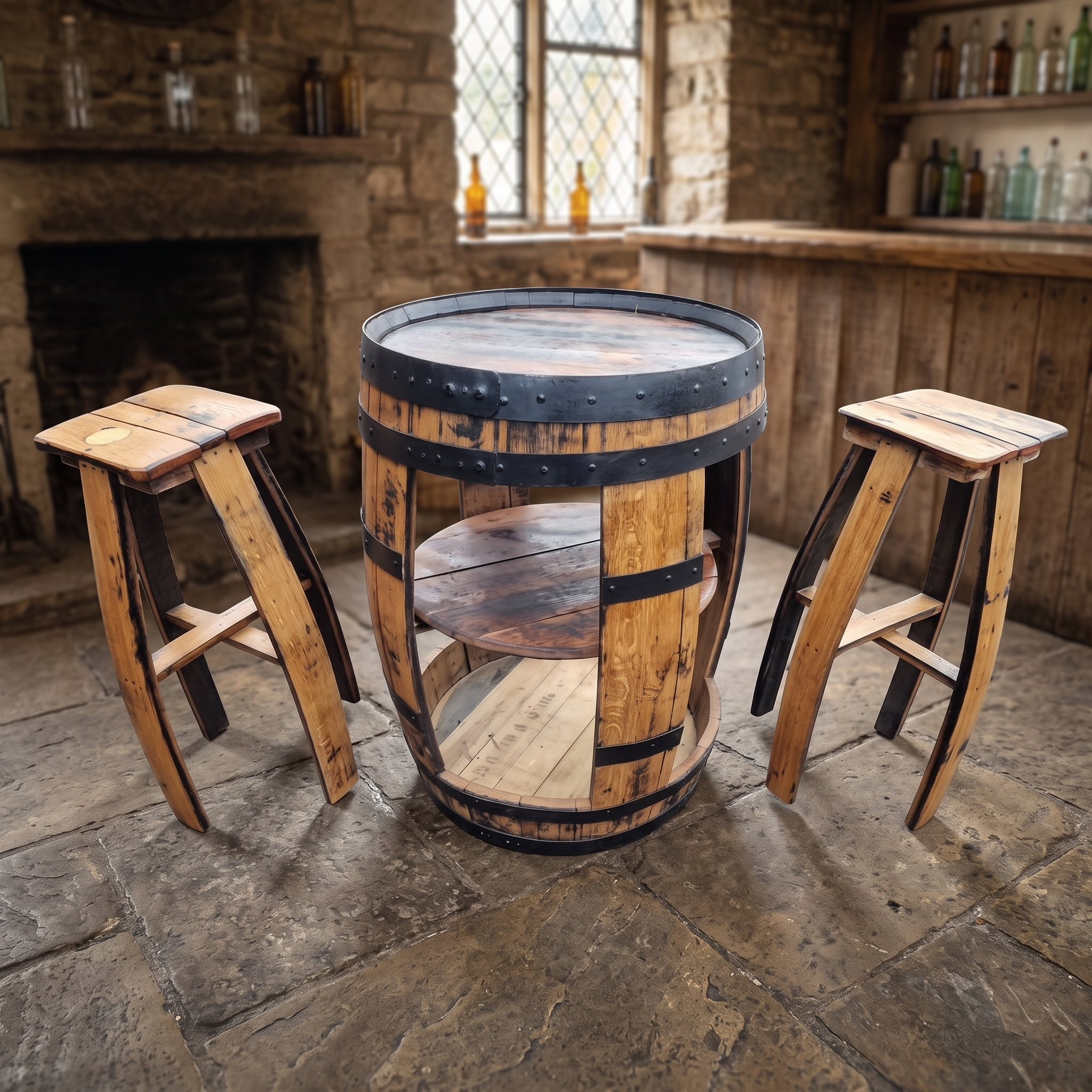 Open Whiskey Barrel & 2 Stools – alternate full product view