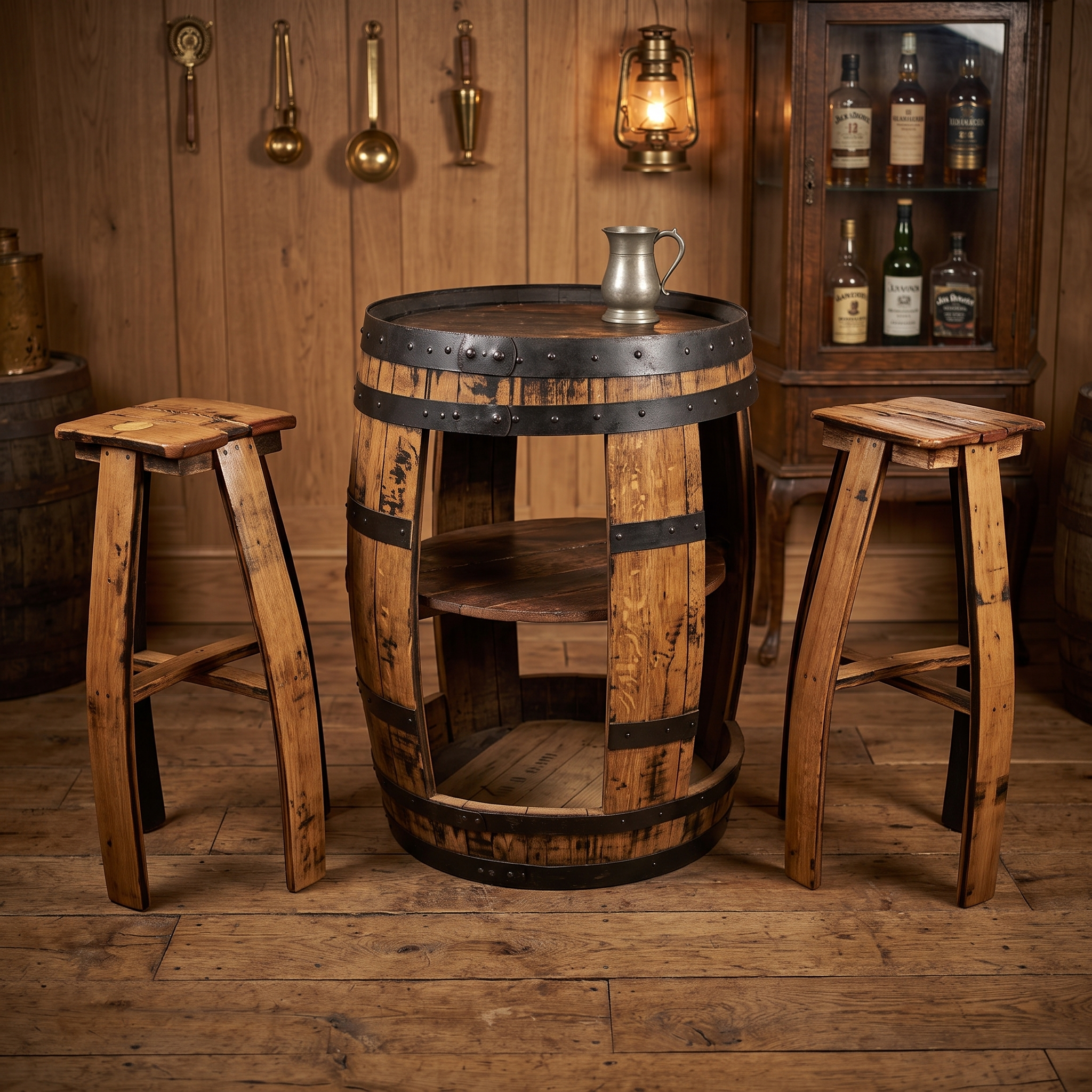 Open Whiskey Barrel & 2 Stools – close-up product view