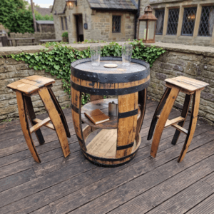Open Whiskey Barrel & 2 Stools – lifestyle setting