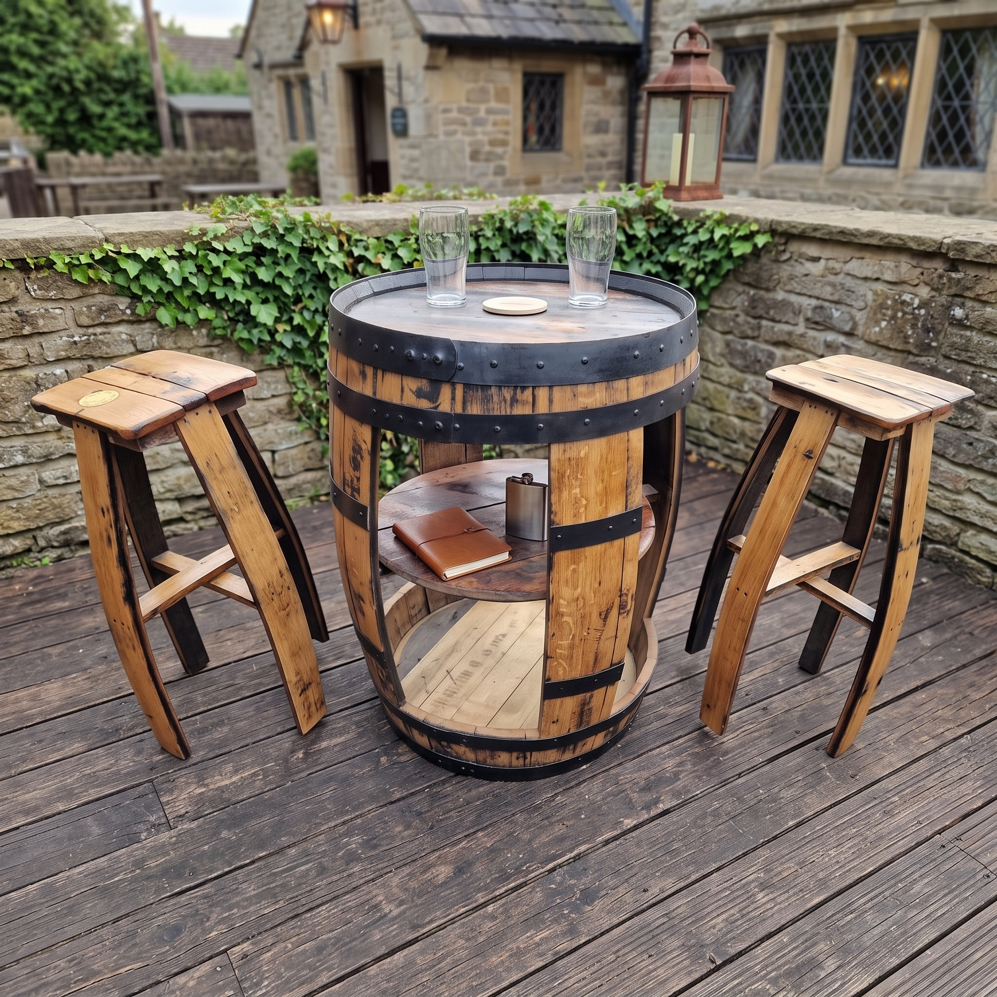 Open Whiskey Barrel & 2 Stools – lifestyle setting