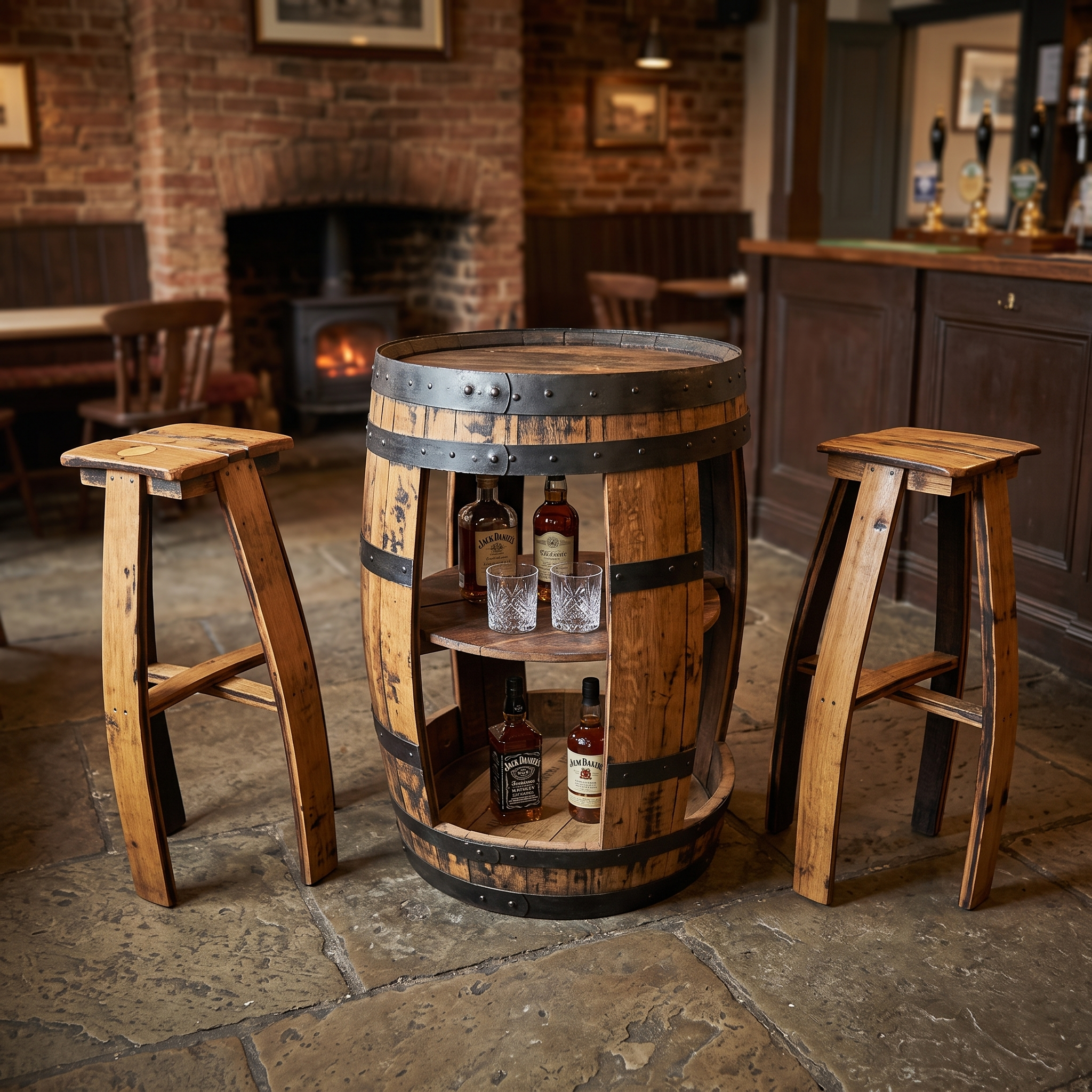 Open Whiskey Barrel & 2 Stools – side view