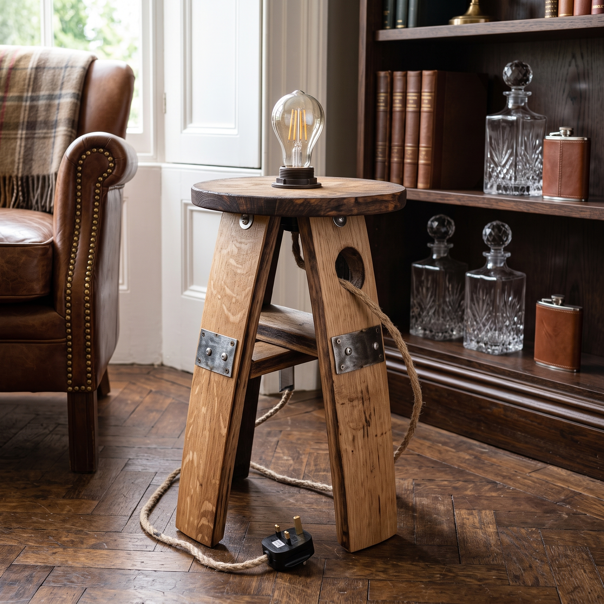 Oak Whiskey Barrel Lamp – lifestyle setting