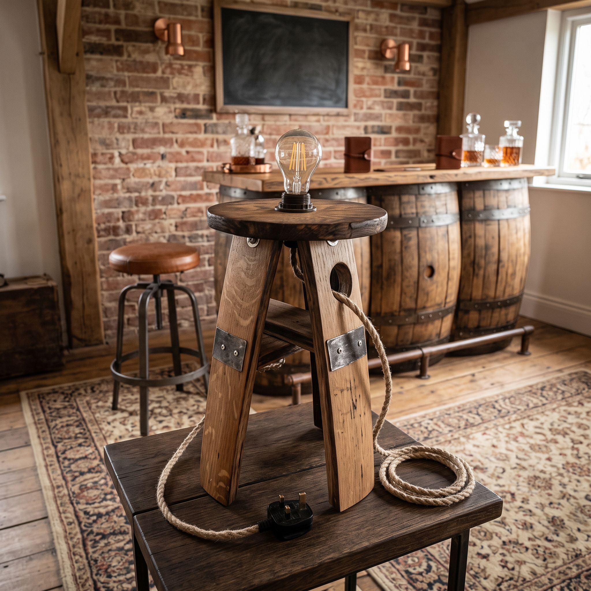 Oak Whiskey Barrel Lamp – lifestyle setting