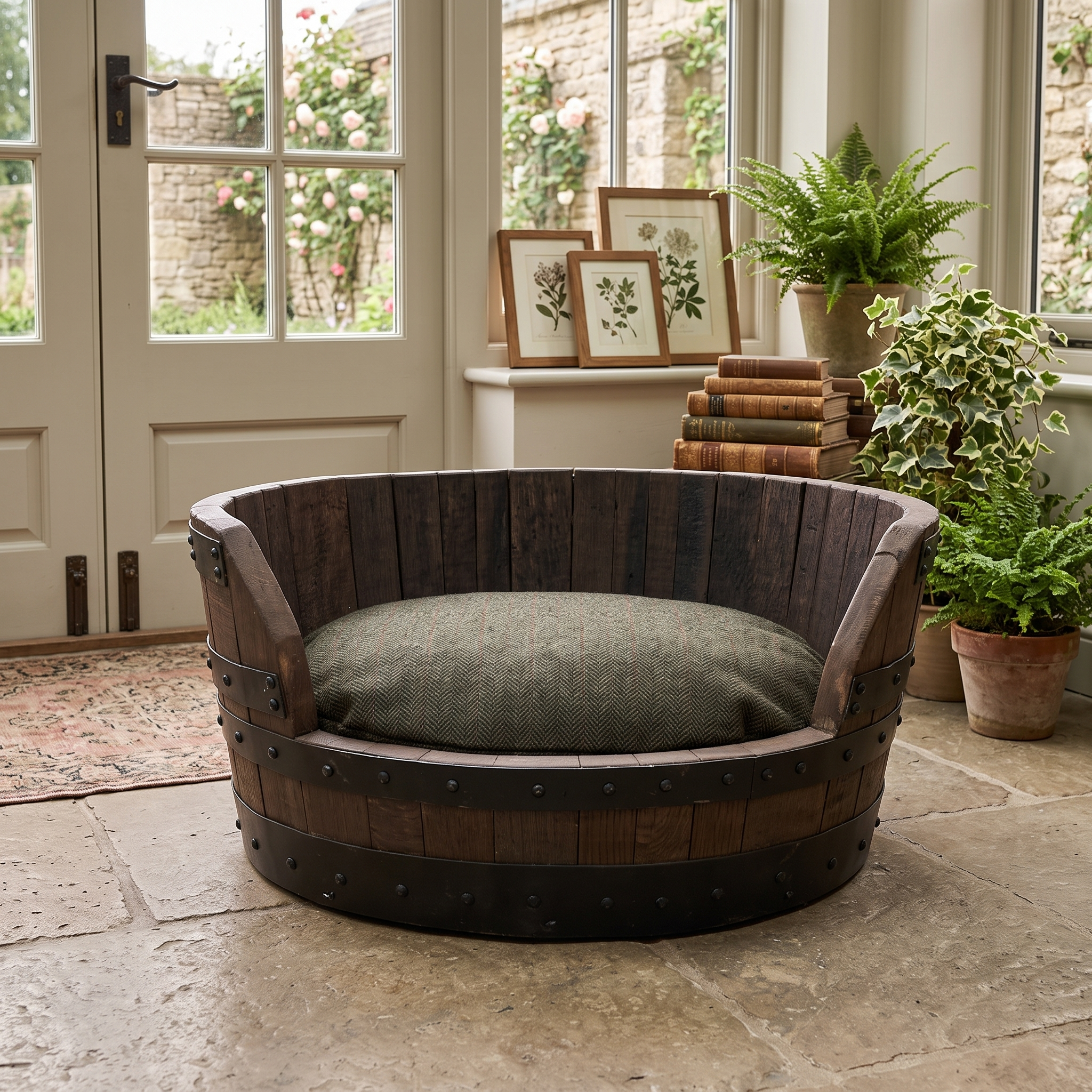 Whiskey Barrel Dog Bed – lifestyle setting
