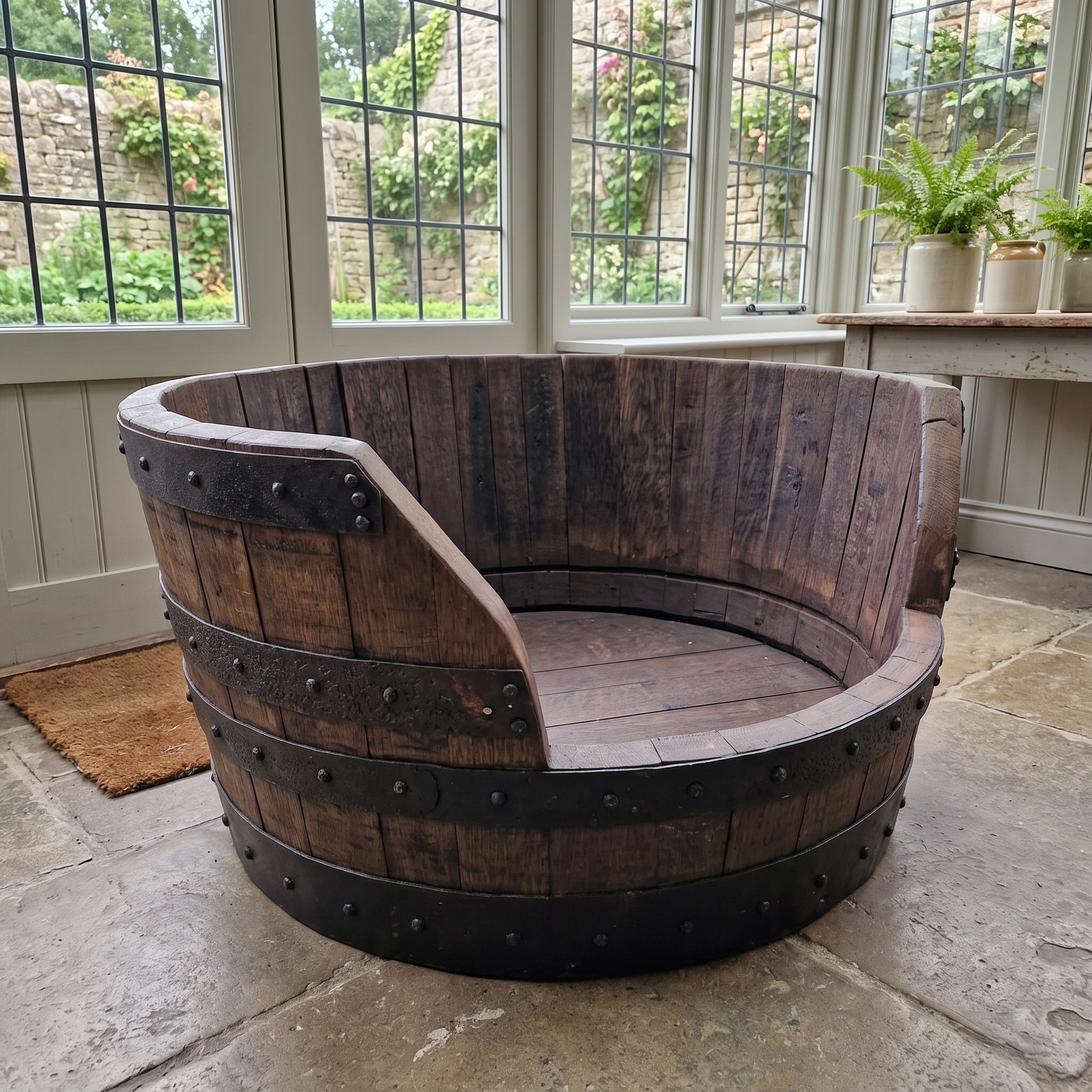 Whiskey Barrel Dog Bed – side view