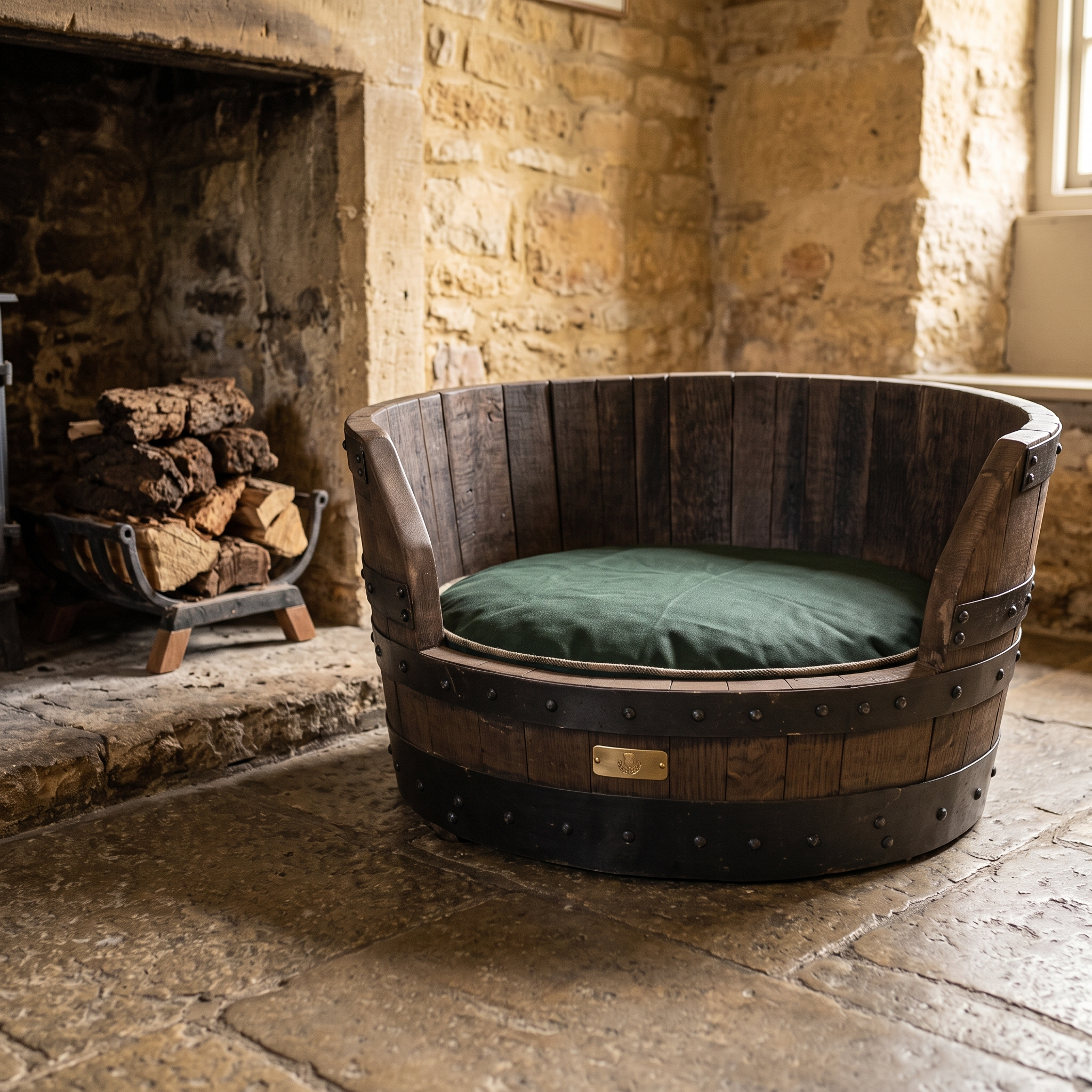 Whiskey Barrel Dog Bed – lifestyle setting
