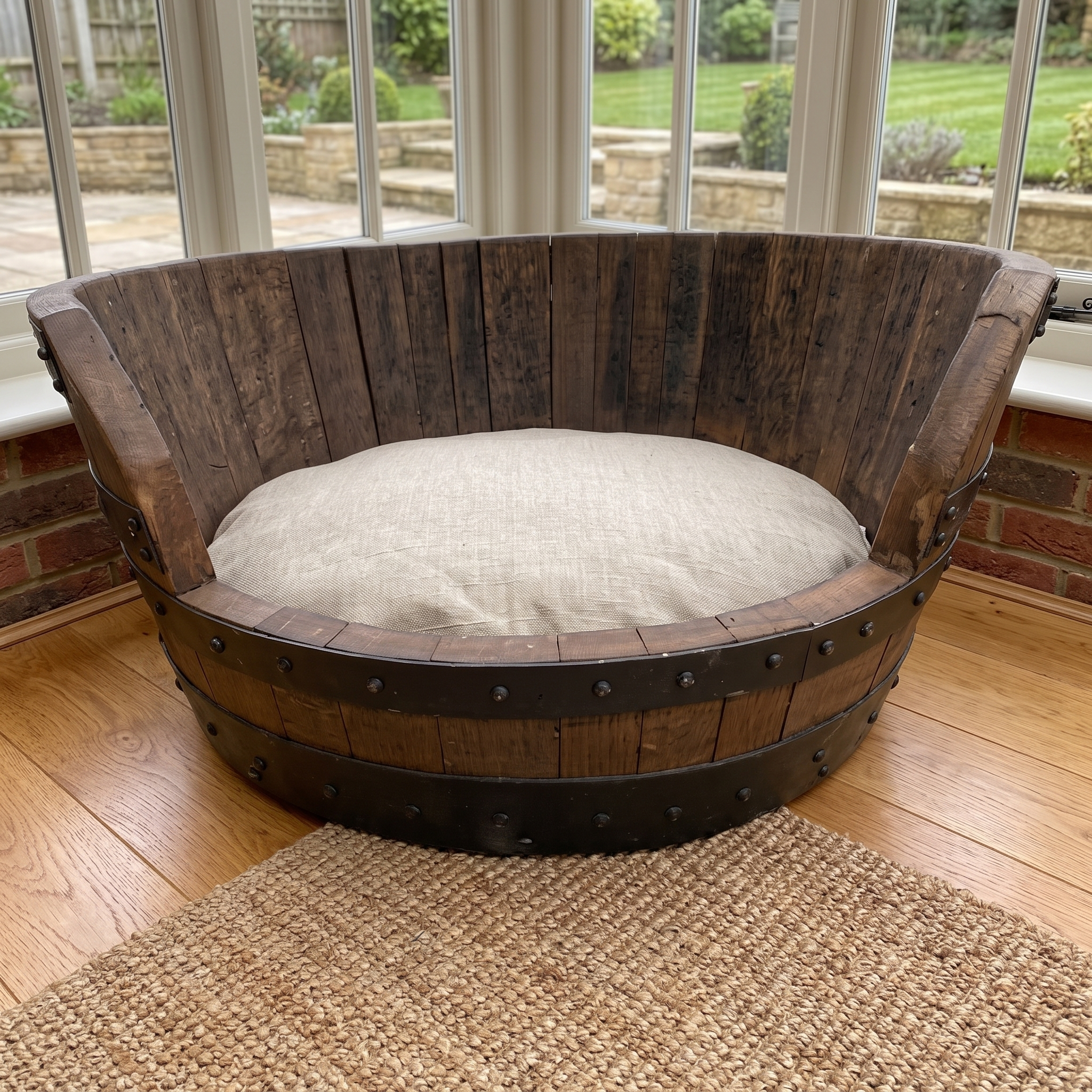 Whiskey Barrel Dog Bed – lifestyle setting