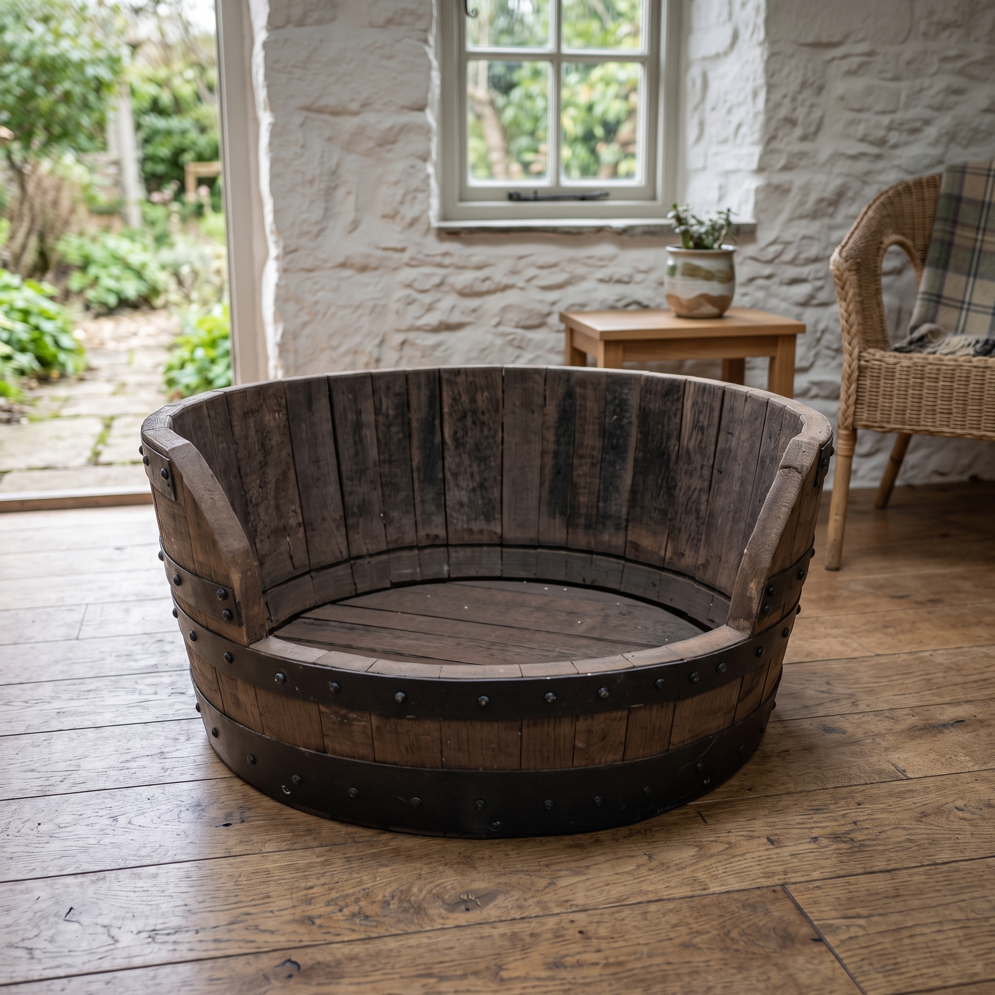 Whiskey Barrel Dog Bed – lifestyle setting