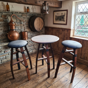 Upholstered Whiskey Barrel Bar Set – lifestyle setting