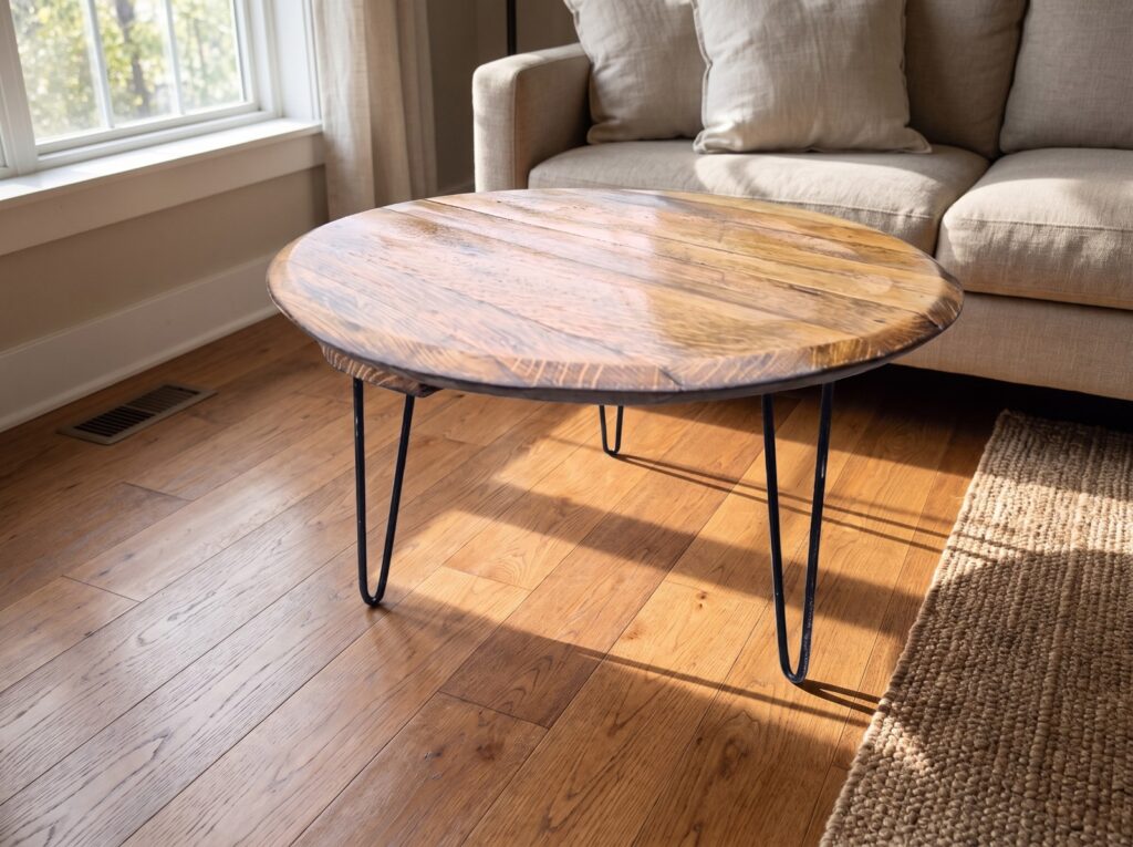 Reclaimed Whiskey Barrel Coffee Table – hero view
