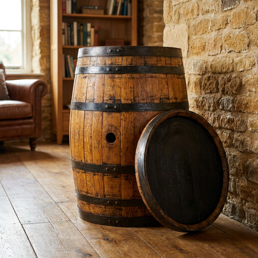 Reclaimed Scottish oak whisky cask with its head removed, showing the dark charred interior that distinguishes a whisky cask from a wine barrel