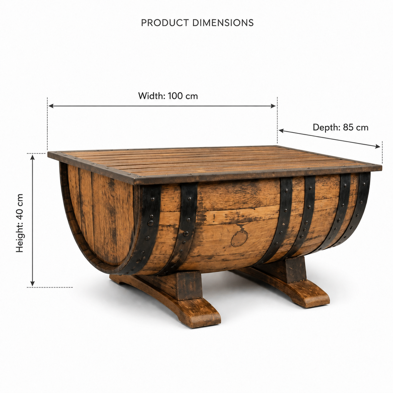 Rustic whisky barrel coffee table dimensions: 40 cm high, 100 cm wide and 85 cm deep