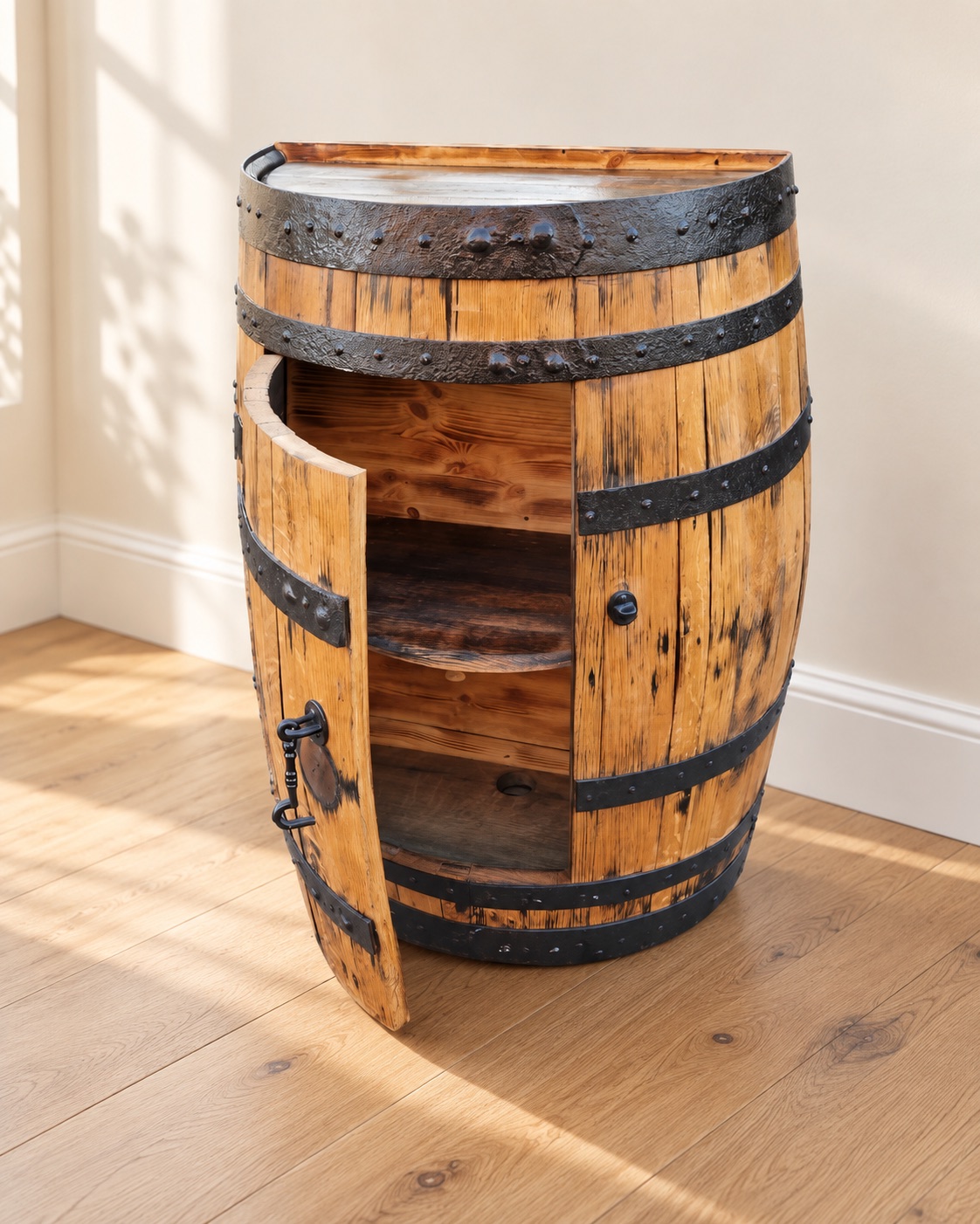 Handmade half whisky barrel cabinet with an open curved door