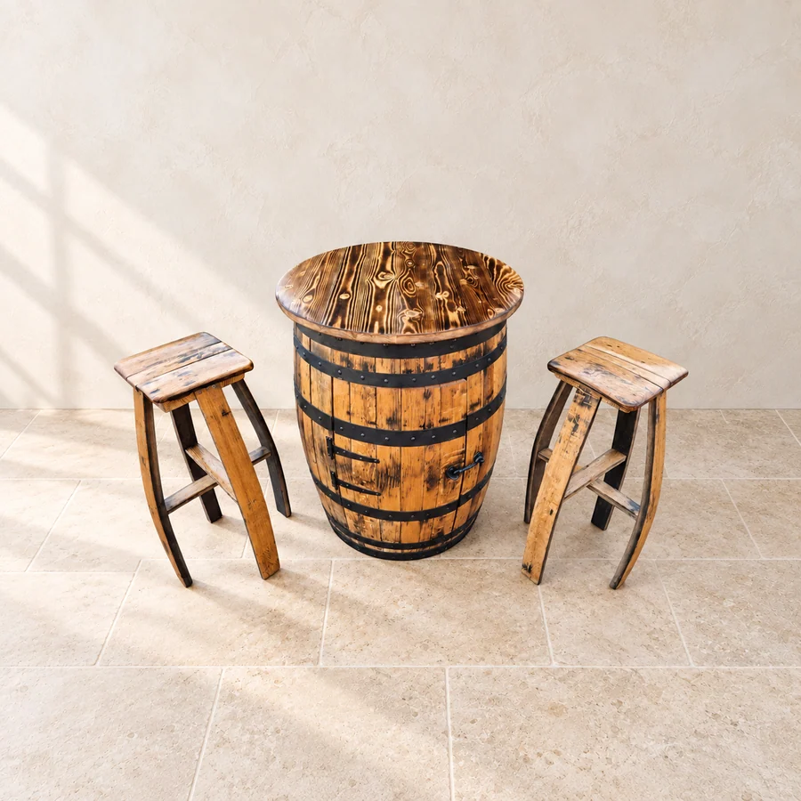 Matching oak barrel cabinet table and stools