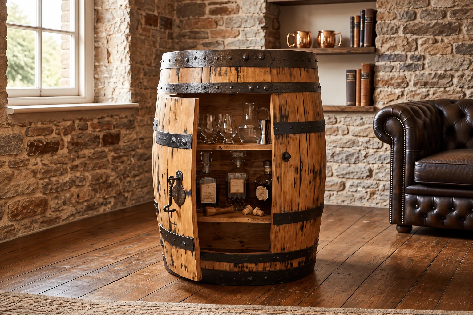Open oak barrel drinks cabinet with glasses and decanters in a warm stone-walled lounge beside a leather chair