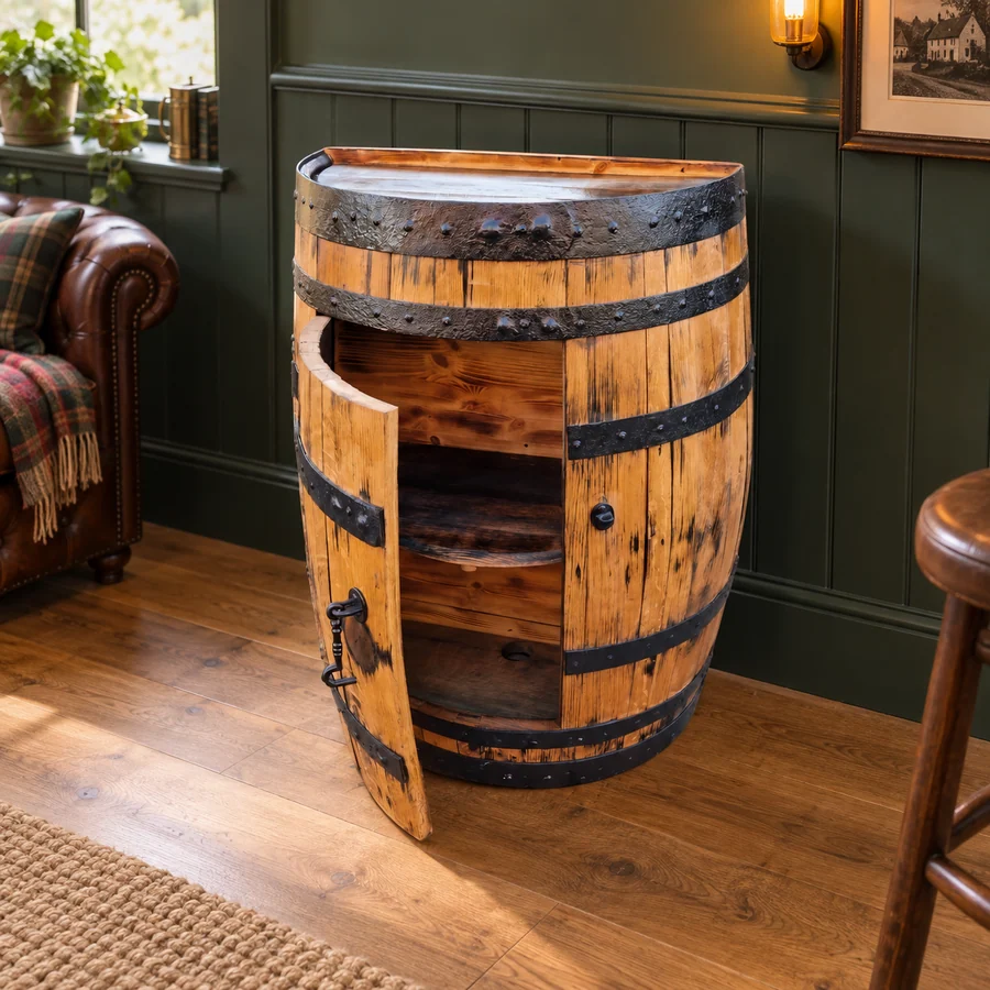 Half barrel drinks cabinet in a home pub with dark green panelling and warm oak flooring