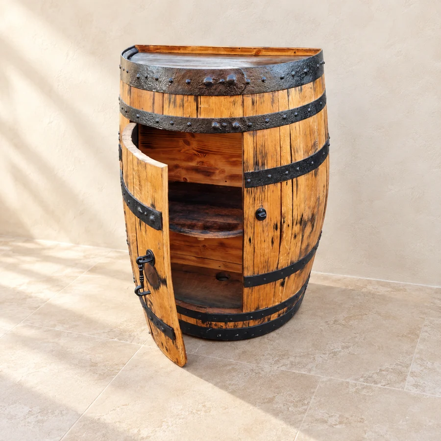 Reclaimed oak barrel drinks cabinets with bottle and glass storage