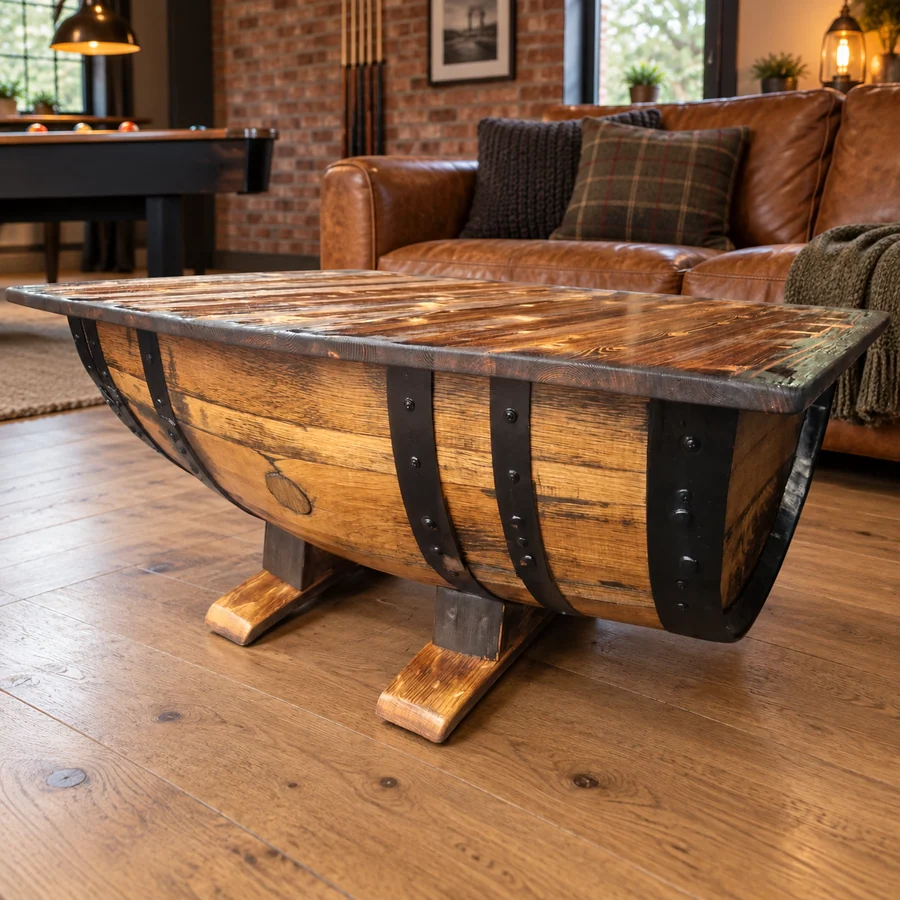 Reclaimed barrel coffee table in a man cave with a leather sofa, brick wall and pool table
