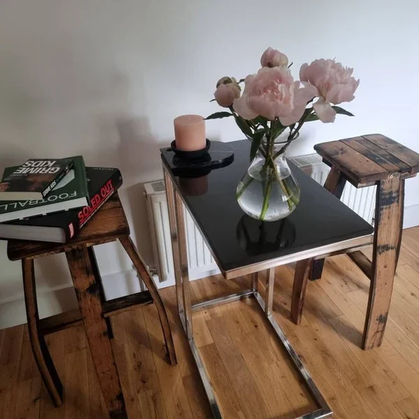 A handmade oak barrel stool, photographed by Etsy buyer