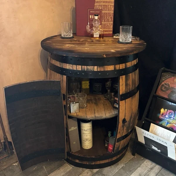 A personalised barrel table with lighting, photographed by Lou