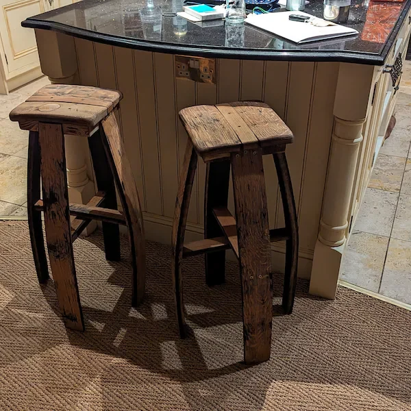 Two oak barrel stools, photographed by Mr