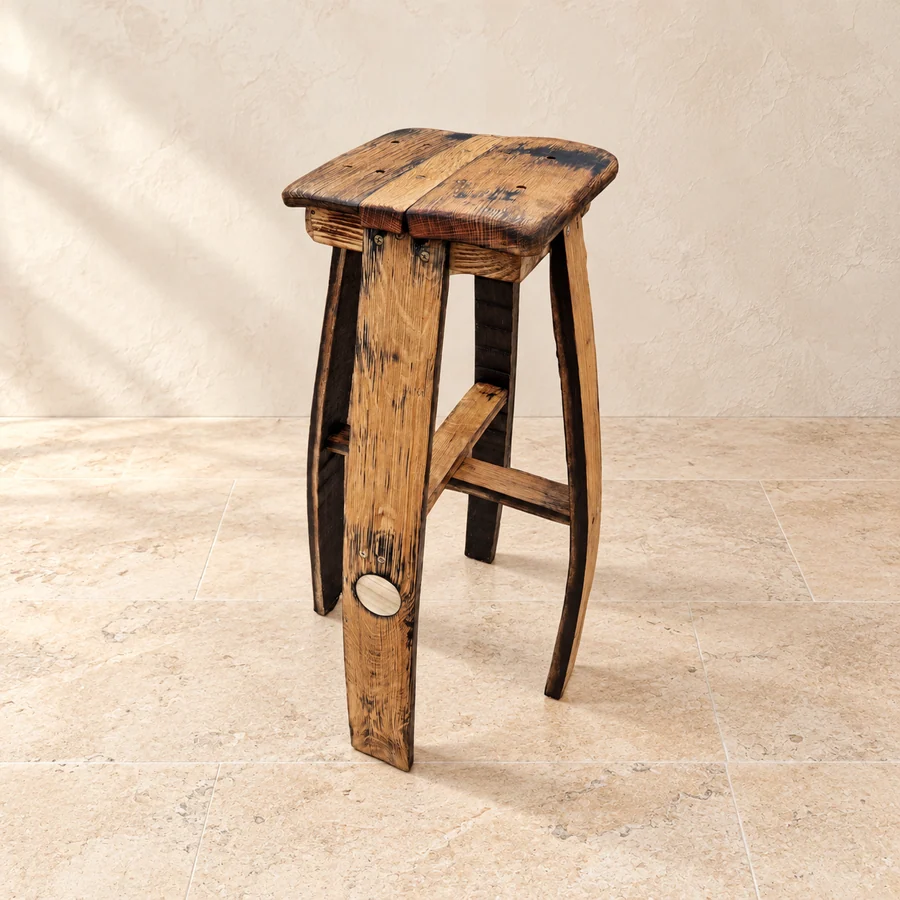 Handmade oak barrel armchair and stools, ready to use