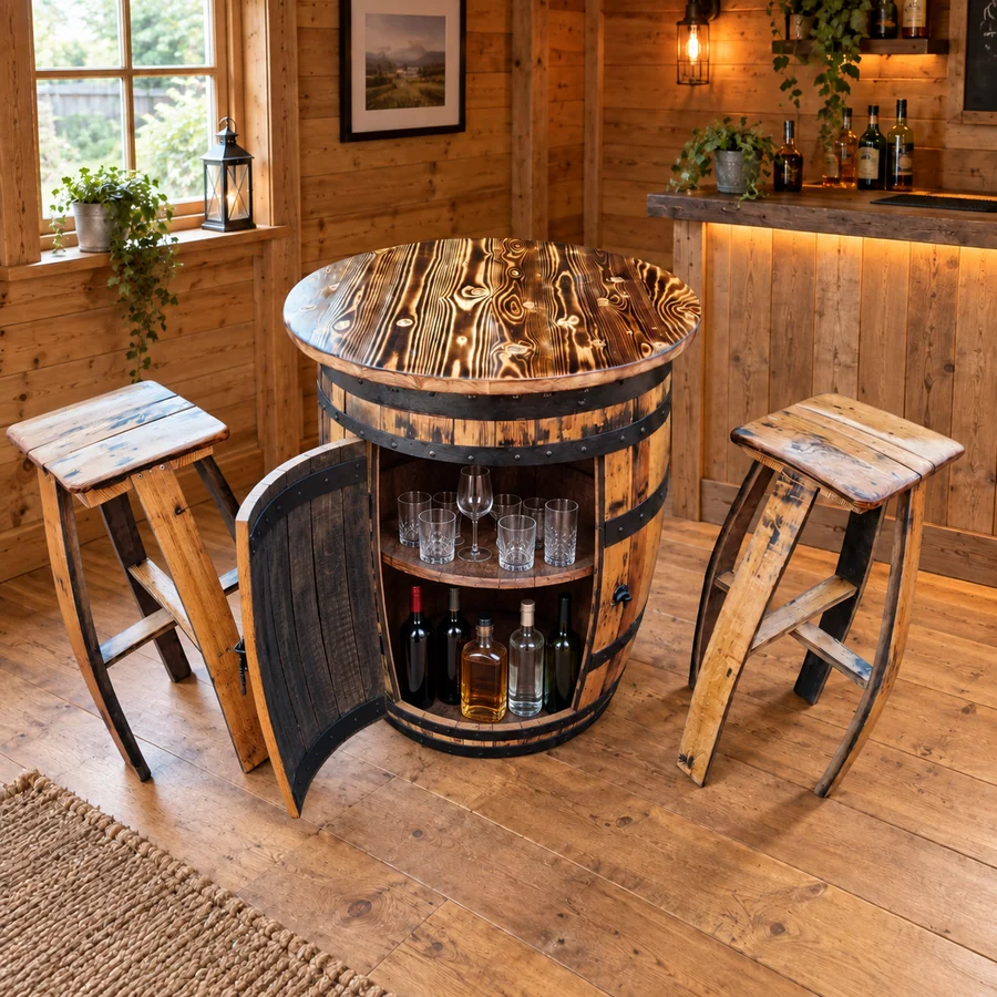 Barrel cabinet table with its door open, glasses on the shelf and bottles below, with two matching stools in a timber pub shed