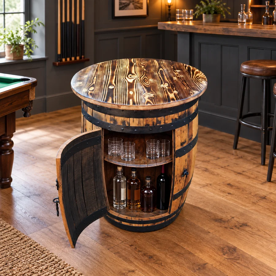 Barrel storage table with its door open, showing glasses on the shelf and drinks bottles below, in a games-room home bar