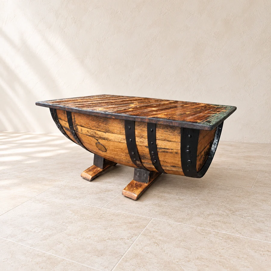 Oak barrel coffee and bar tables in a warm neutral interior