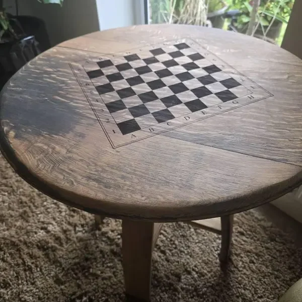 A barrel chess table at home, photographed by Wayne