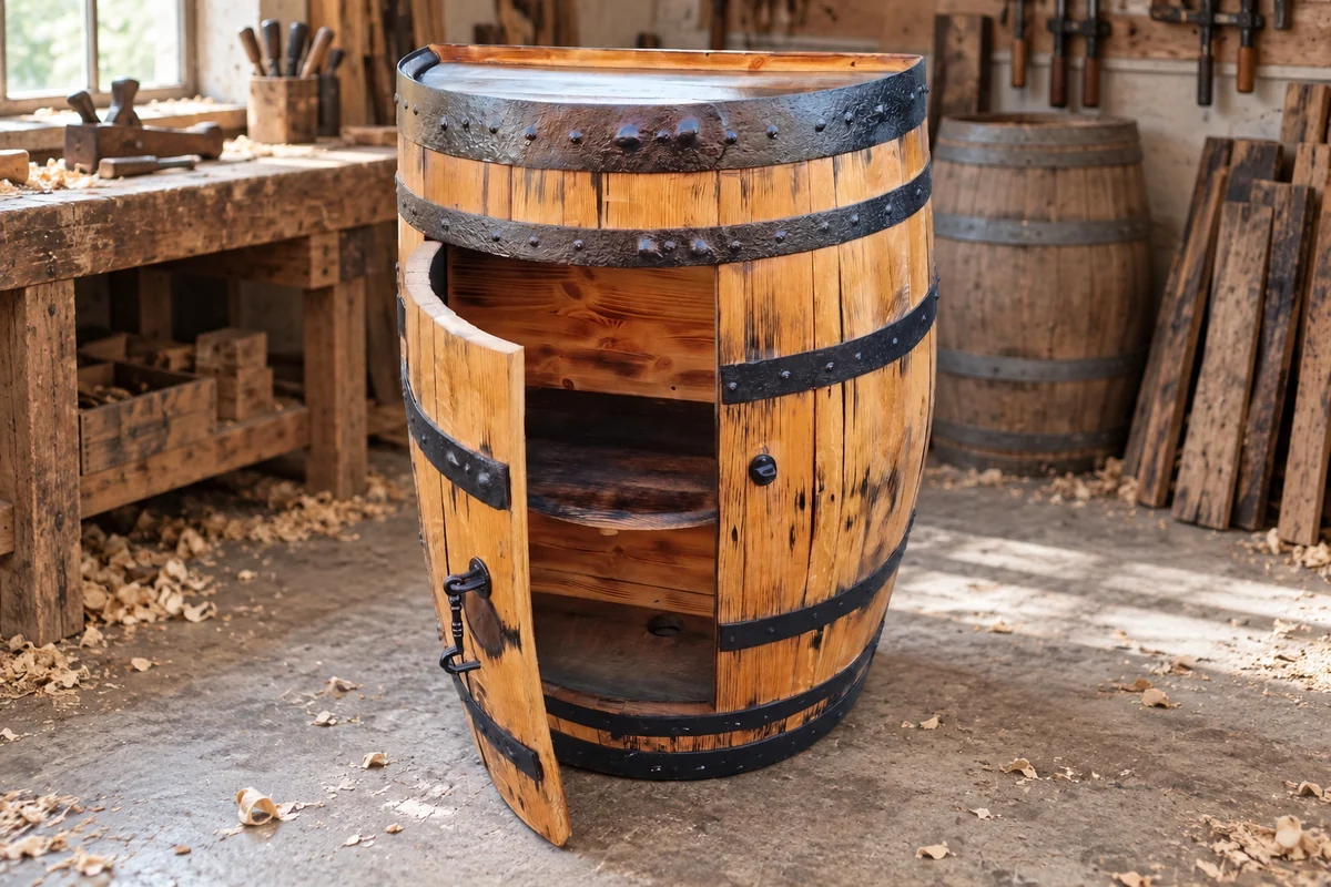 Half barrel cabinet beside a workbench, tools and reclaimed oak staves