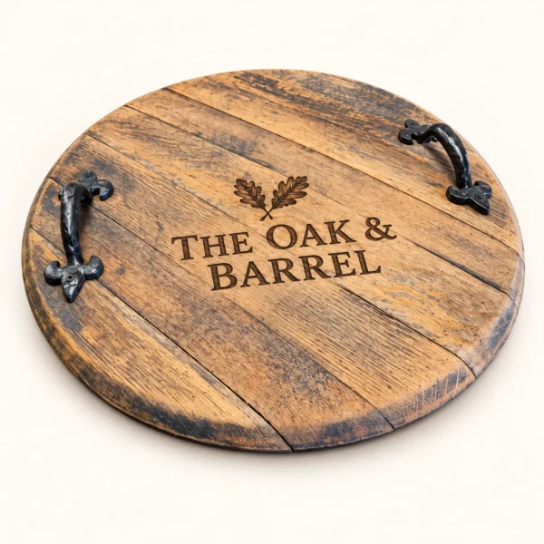 Full circular oak barrel lid with two black handles and example pub engraving
