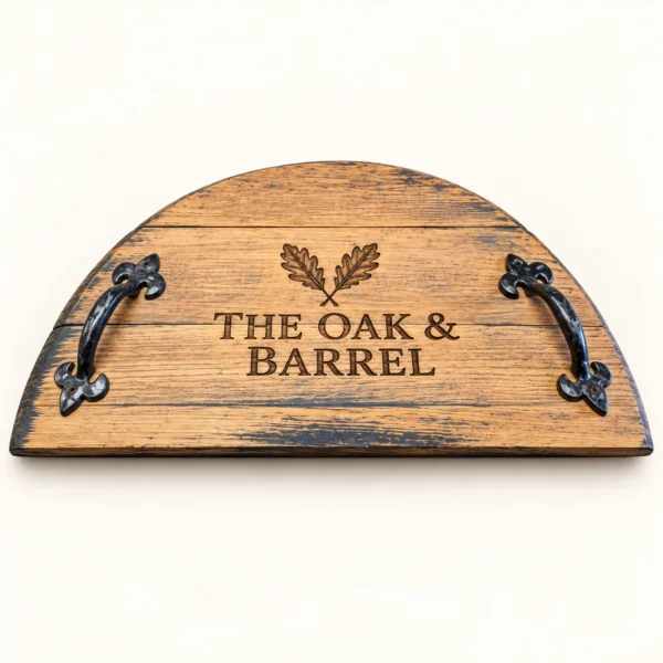 Half circular oak barrel lid with two black handles and example pub engraving