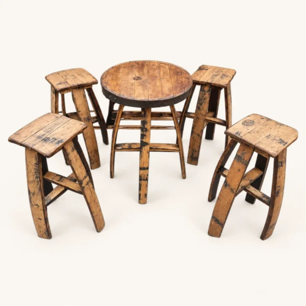 Rustic Oak Barrel Bar Set (Table + 4 Stools)