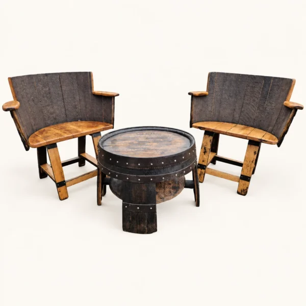 Rustic Whiskey Barrel Lounge Set (2 Chairs + Table)