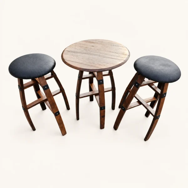 Upholstered Whiskey Barrel Bar Set (Leather Seat)