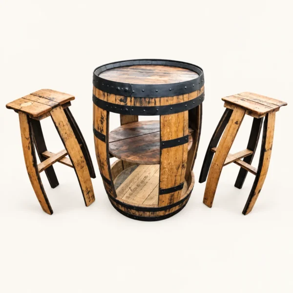 Open Whiskey Barrel & 2 Stools Set