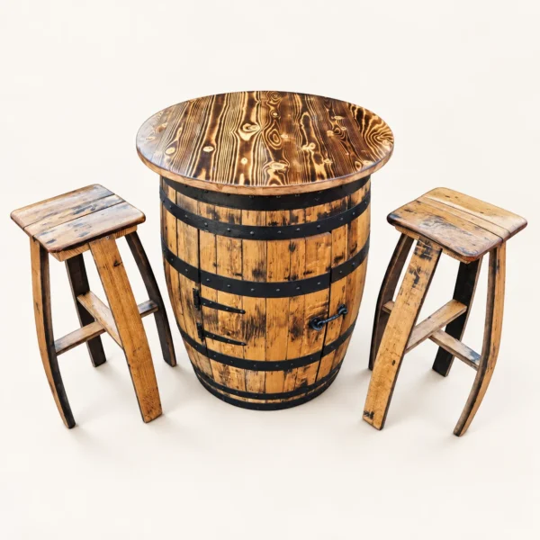 Oak barrel cabinet table with two matching stools