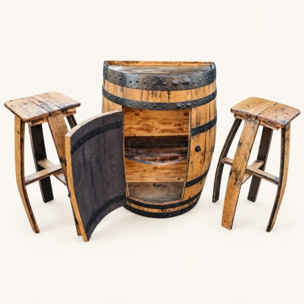 Half Barrel Cabinet & 2 Stools Set