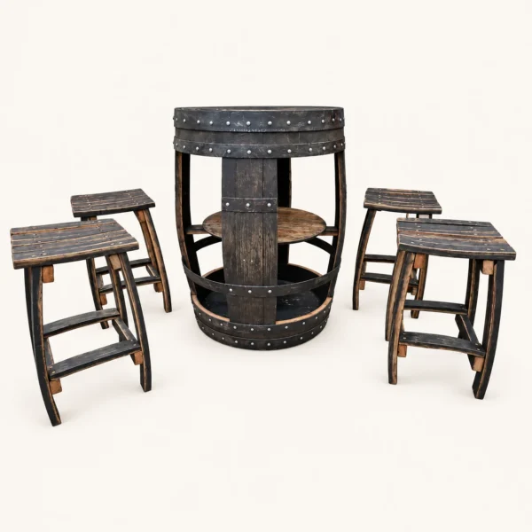 Rustic Dark Oak Whiskey Barrel Bar Set (Table + 4 Stools)