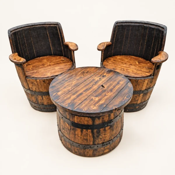 Oak Whiskey Barrel Armchair Set with Coffee Table
