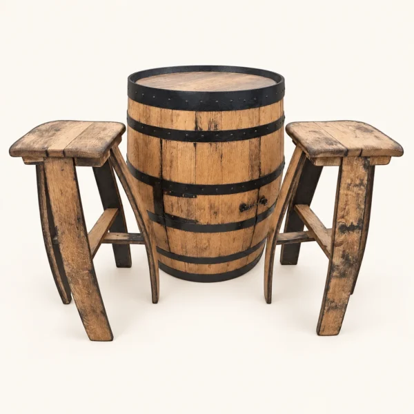 Oak Barrel Cabinet Set with 2 Matching Oak Bar Stools