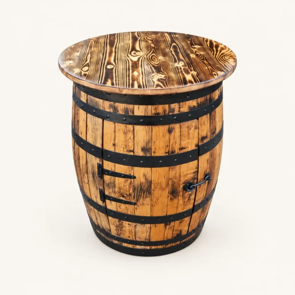 Rustic Whiskey Barrel Table with Storage