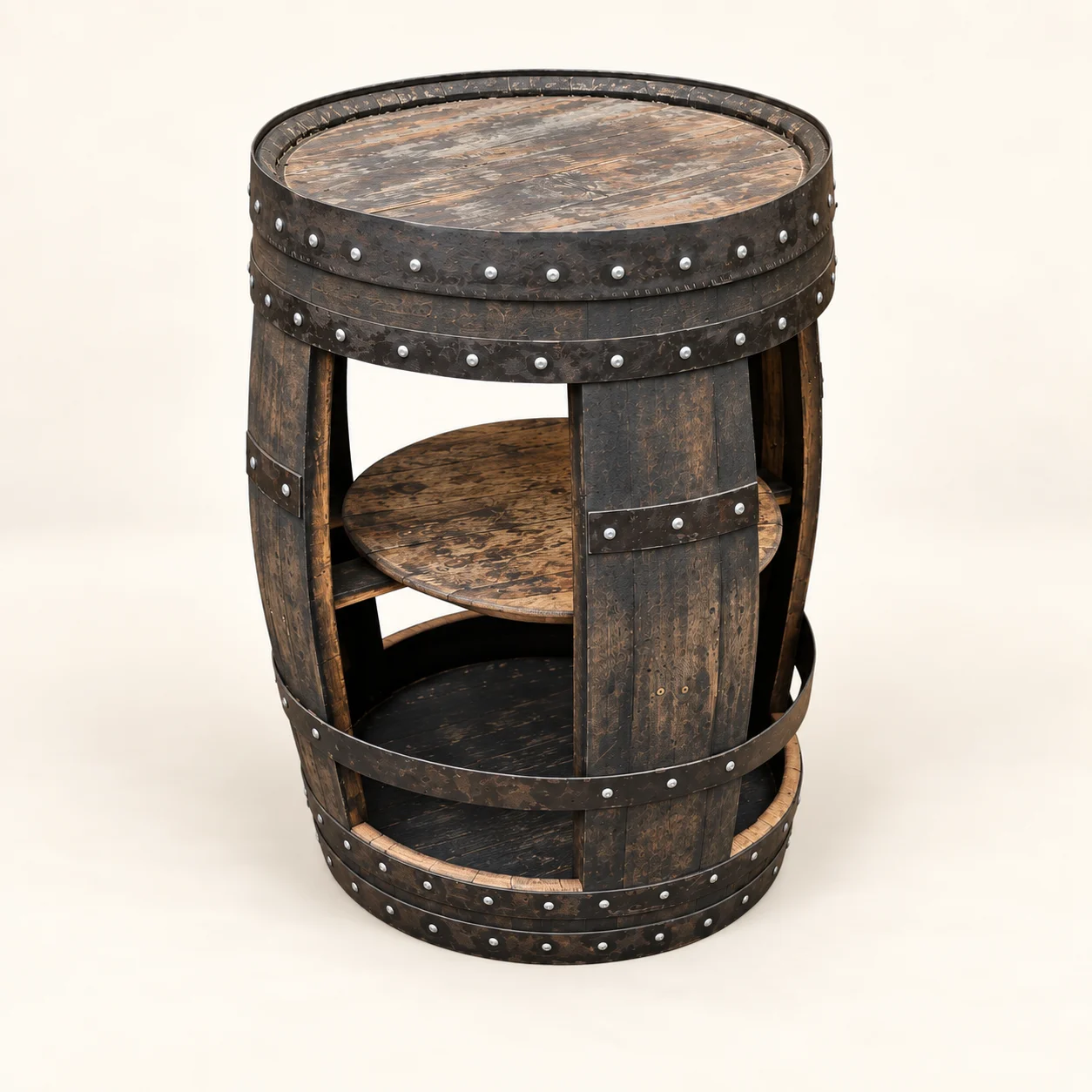 Dark oak open barrel table from an angled view showing the middle shelf and lower platform