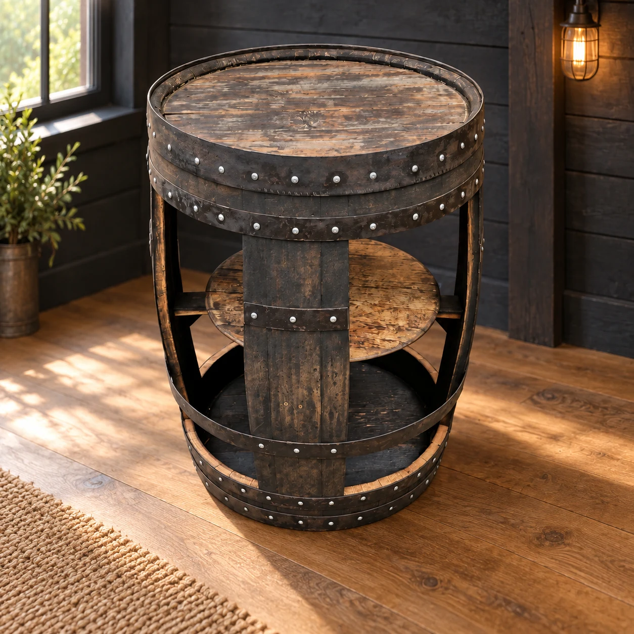 Dark oak open barrel table standing alone in a timber-lined pub shed
