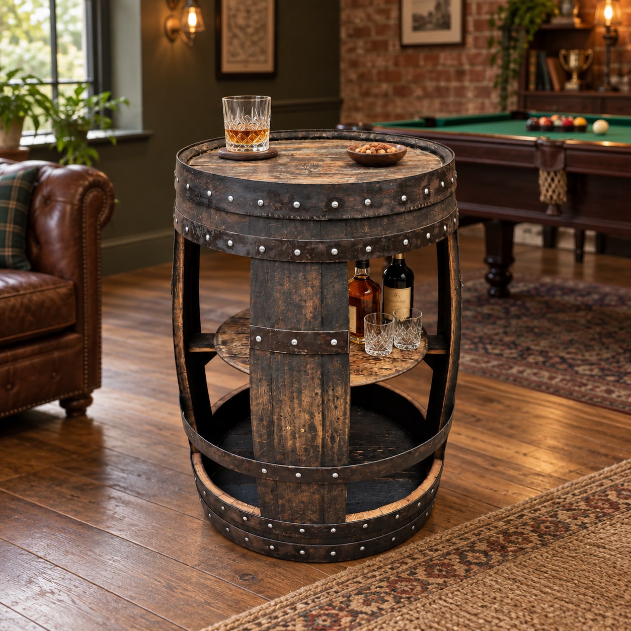 Dark oak open barrel table with drinks on its shelf in a brick-walled games room