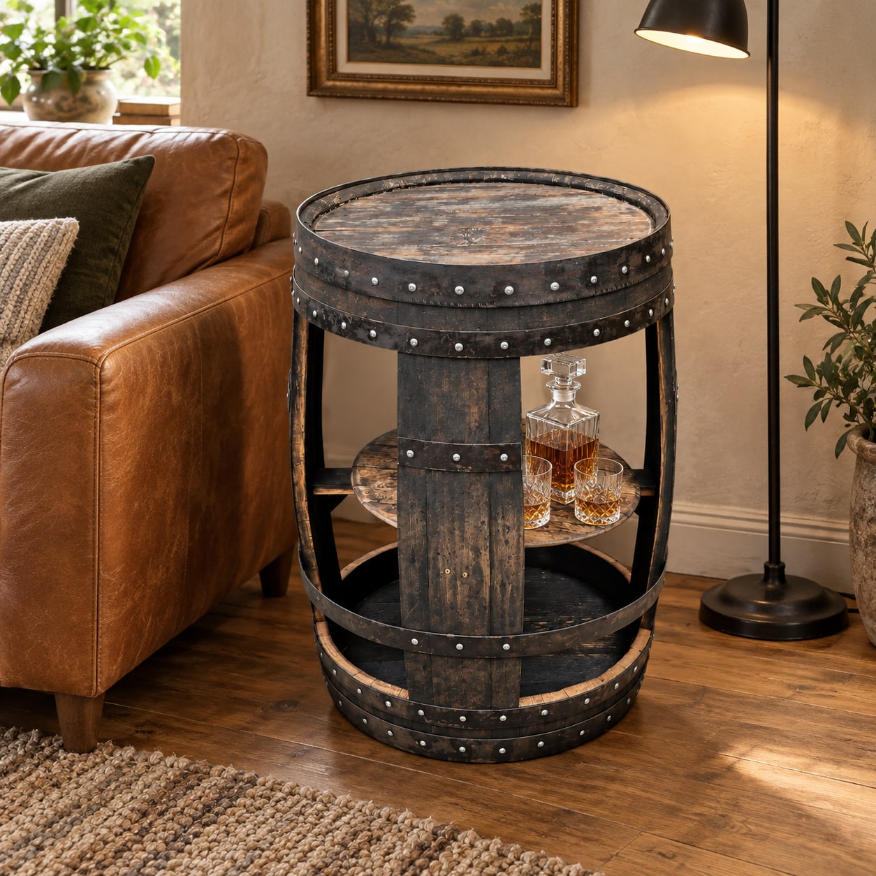 Dark oak open barrel table beside a tan leather sofa in a softly lit lounge
